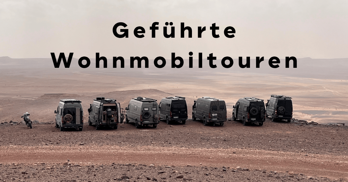 Geführte Wohnmobiltour: sieben Sprinter 4x4 Kastenwagen aufgereiht in der marokkanischen Wüste