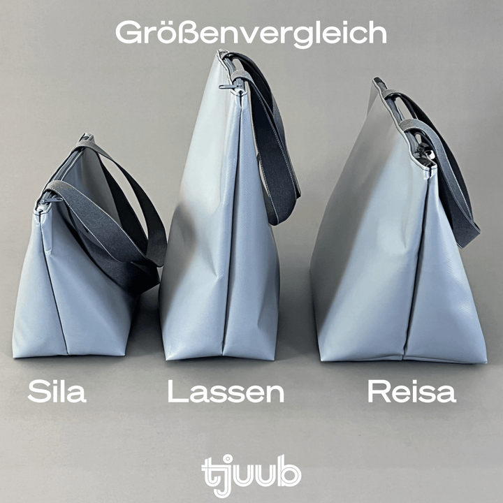 Größenvergleich tjuub Taschen - Sila, Lassen und Reisa aus LKW-Plane nebeneinander