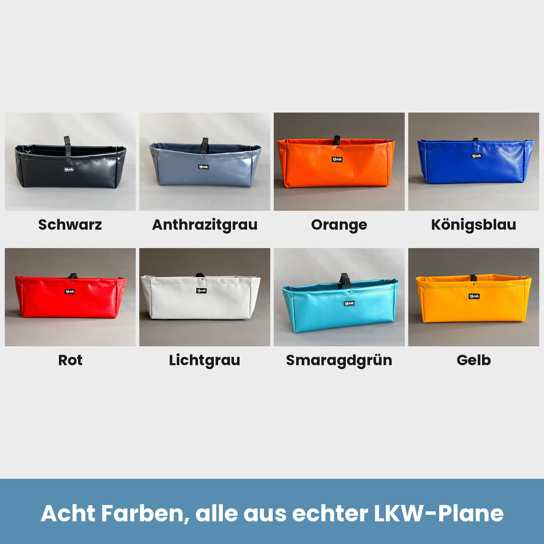 Farbübersicht Muddus Organizer aus LKW-Plane in acht Farben: Schwarz, Anthrazitgrau, Orange, Königsblau, Rot, Lichtgrau, Smaragdgrün und Gelb.