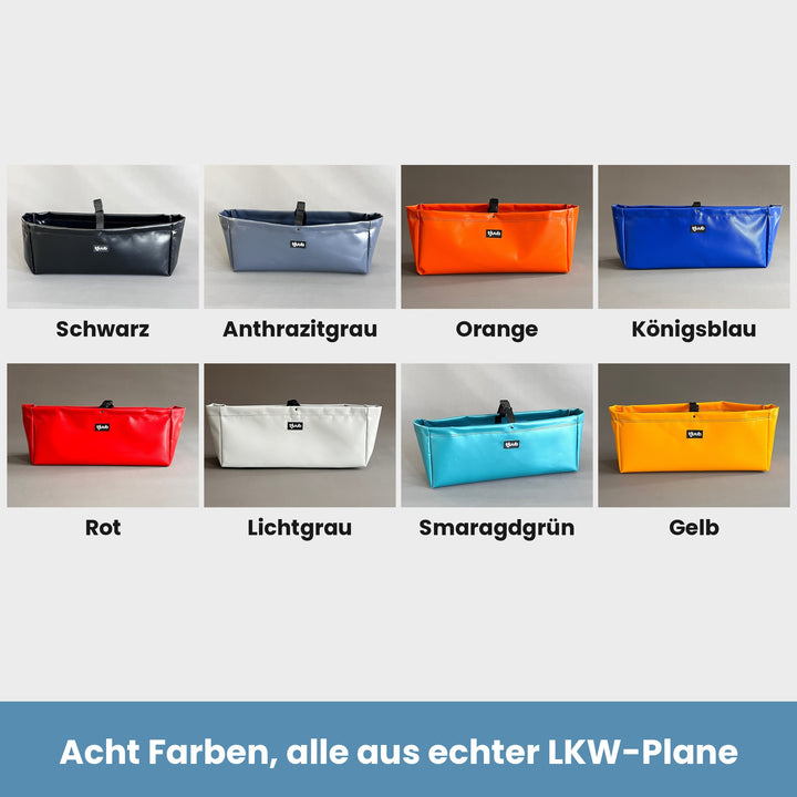 Farbübersicht Muddus Organizer aus LKW-Plane in acht Farben: Schwarz, Anthrazitgrau, Orange, Königsblau, Rot, Lichtgrau, Smaragdgrün und Gelb.